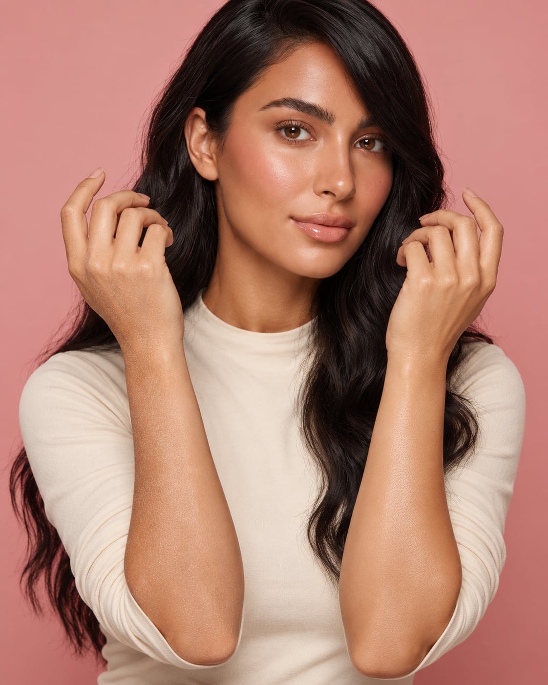 Woman raising both hands beside her face, one forearm dry and one smooth and hydrated